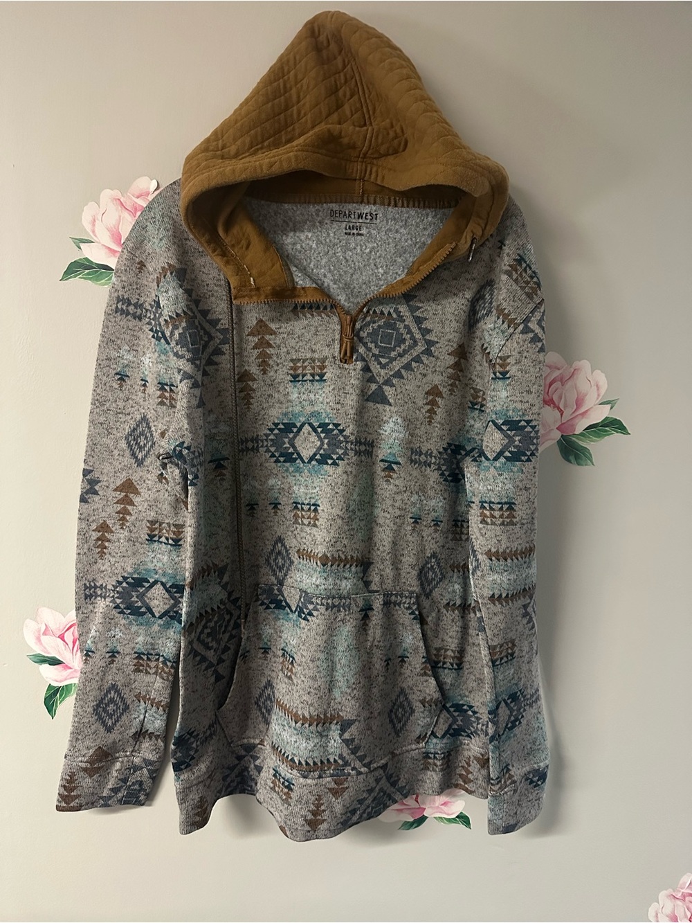 Cozy Aztec Quarter-Zip Hoodie with Quilted Tan Hood